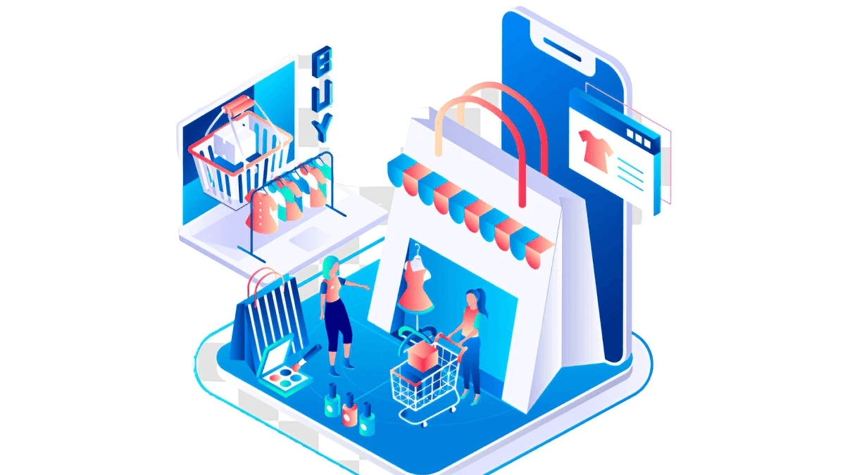 Ecommerce website planning scene for organizing products, listings, carts, and checkout flow
