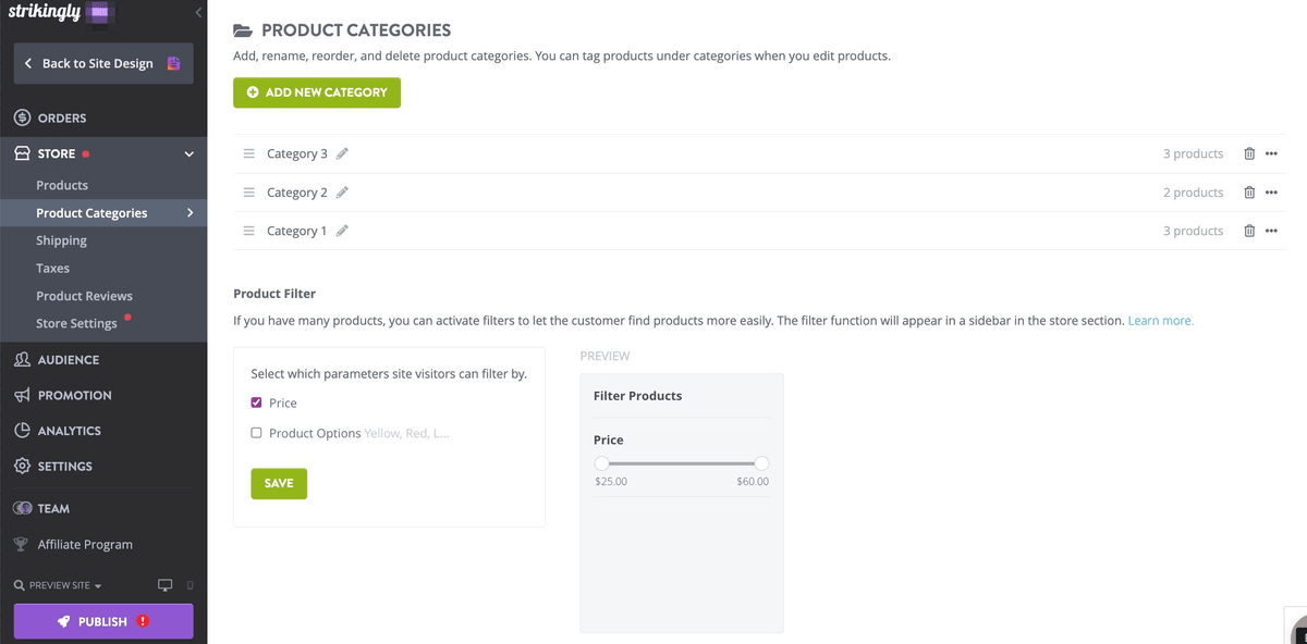 Strikingly product category settings with price and product option filter controls