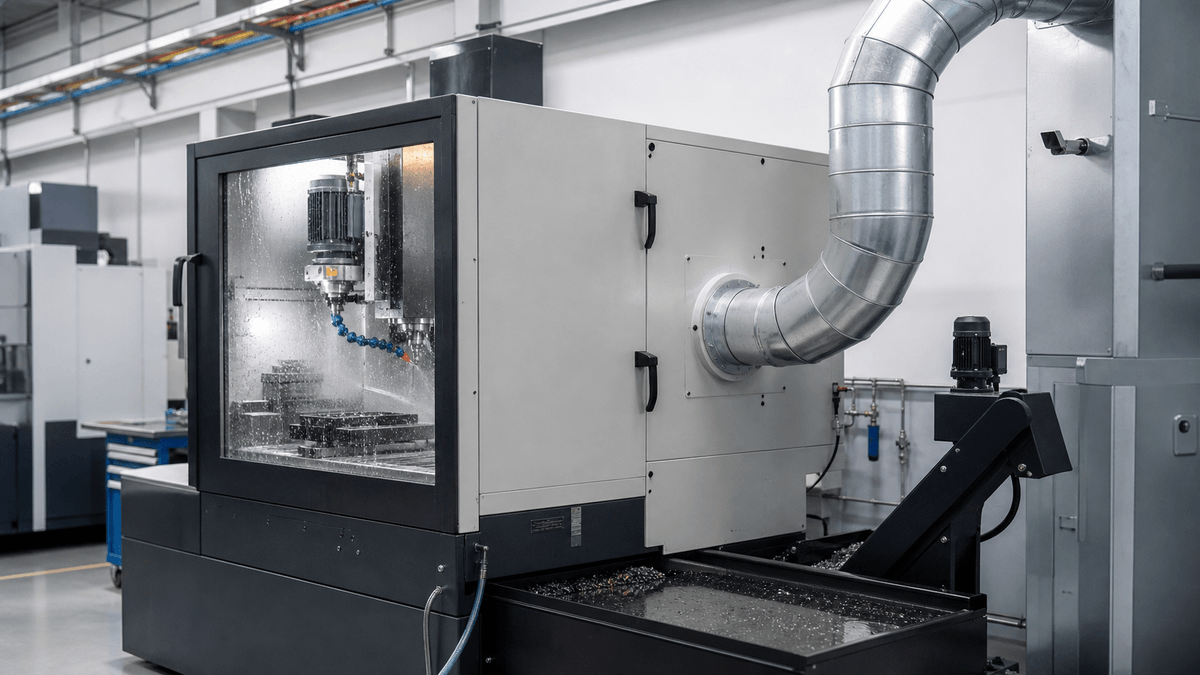 CNC machine mist extraction connected to an enclosed machining center