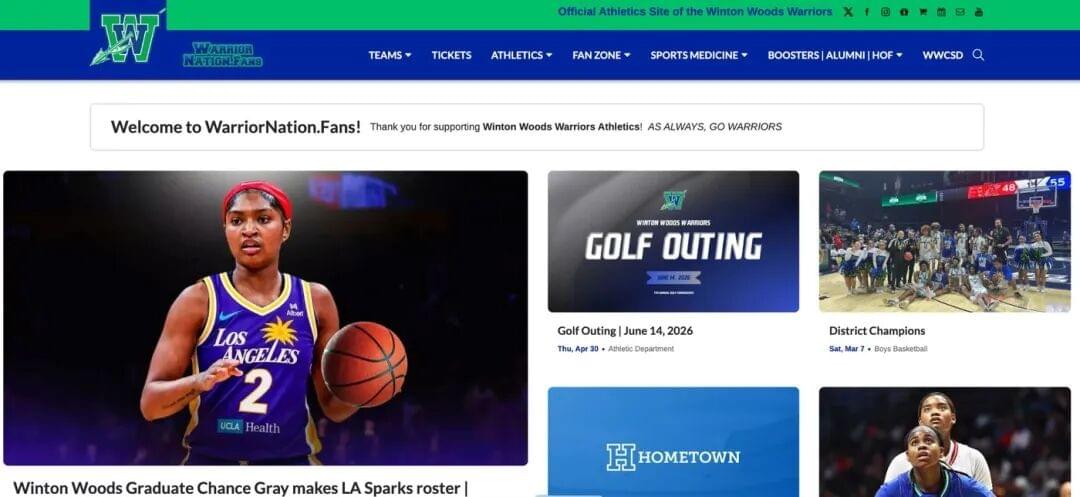 Original warriornation.fans website image showing the school athletics portal.