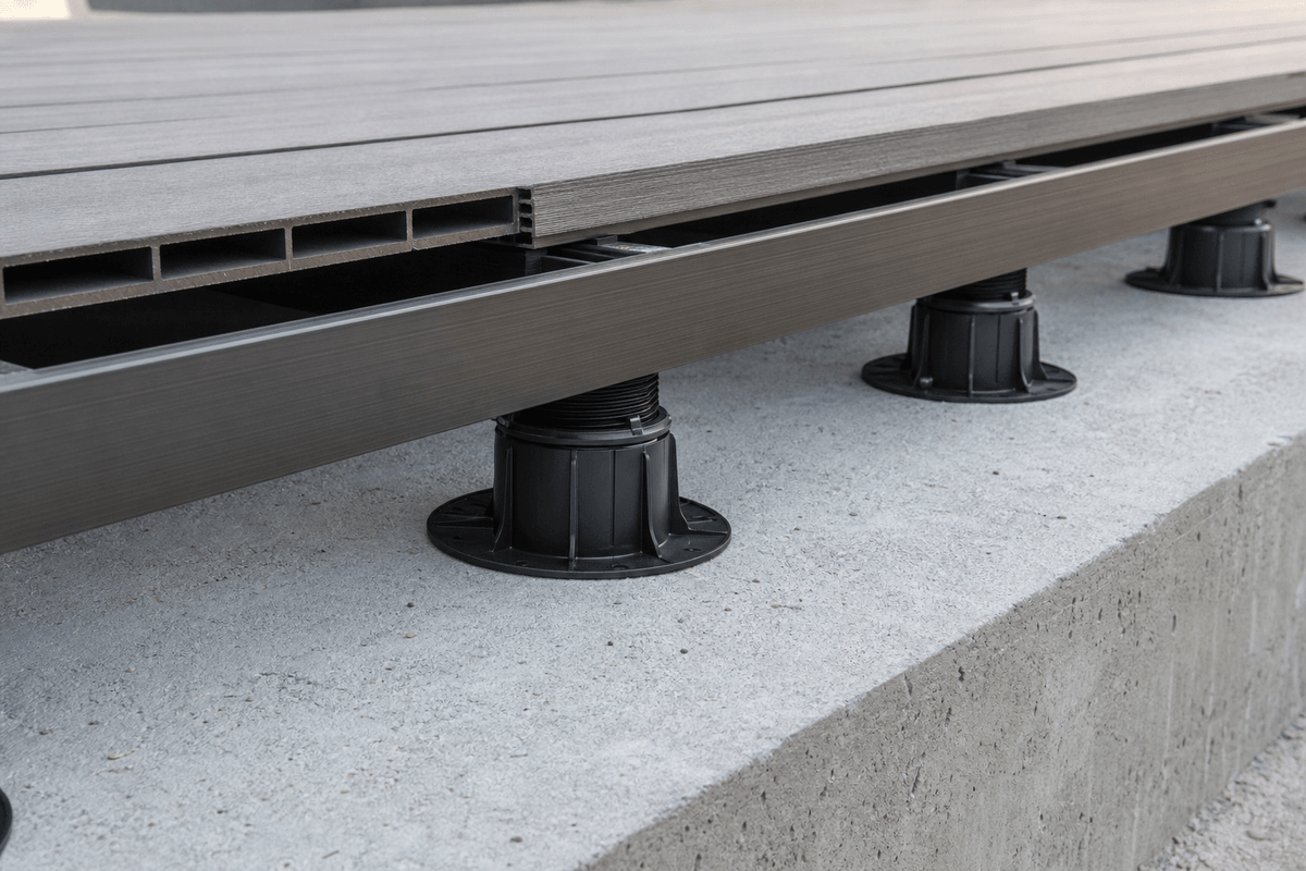 Adjustable decking feet supporting a level composite deck surface
