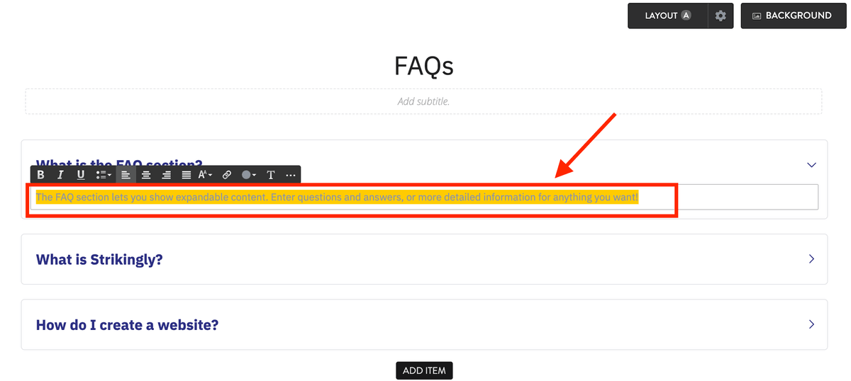 Strikingly FAQ editor showing where to write an expanded answer to a visitor question