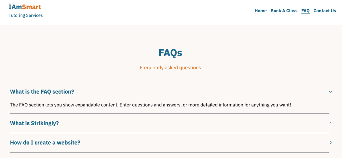 Tutor service website presenting questions in a clean expandable FAQ layout