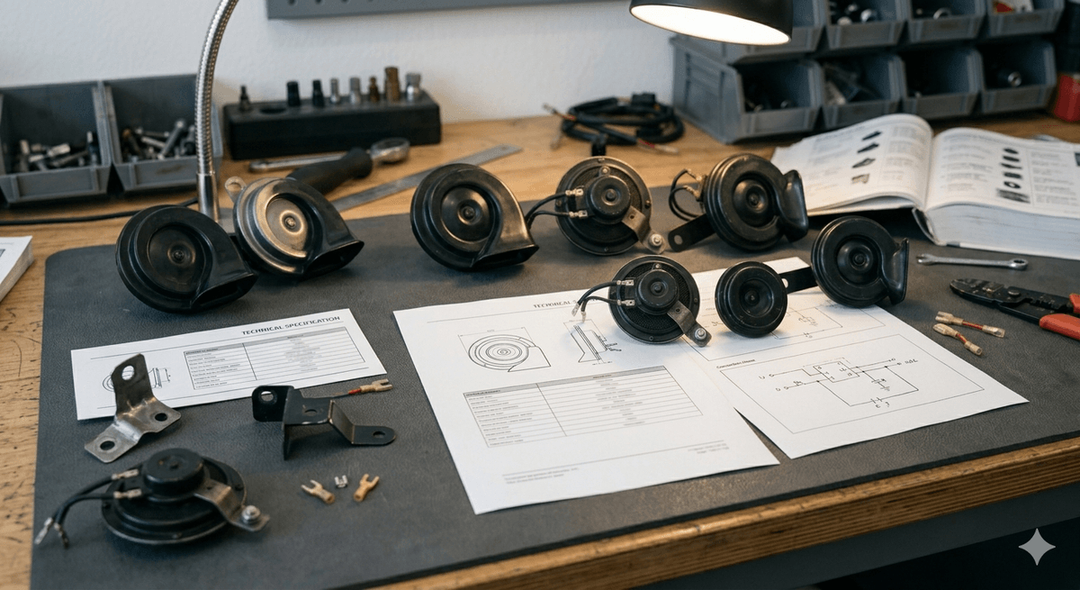Buyer comparing 12V snail horn samples and specifications