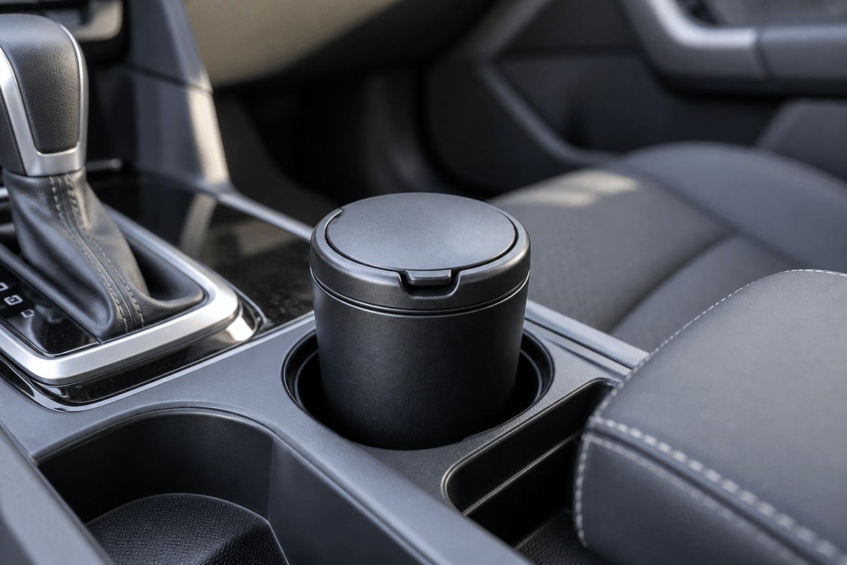 Lidded car cup holder ashtray sitting securely in a parked car center console