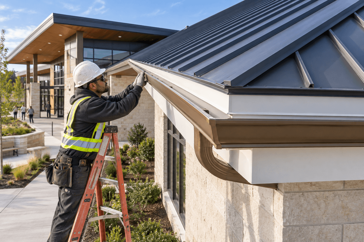 Metal roof eave assembled with fascia and gutter