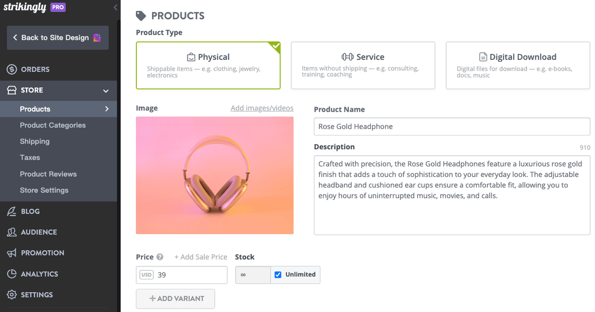 Strikingly Add Product page for entering product details, options, prices, and stock