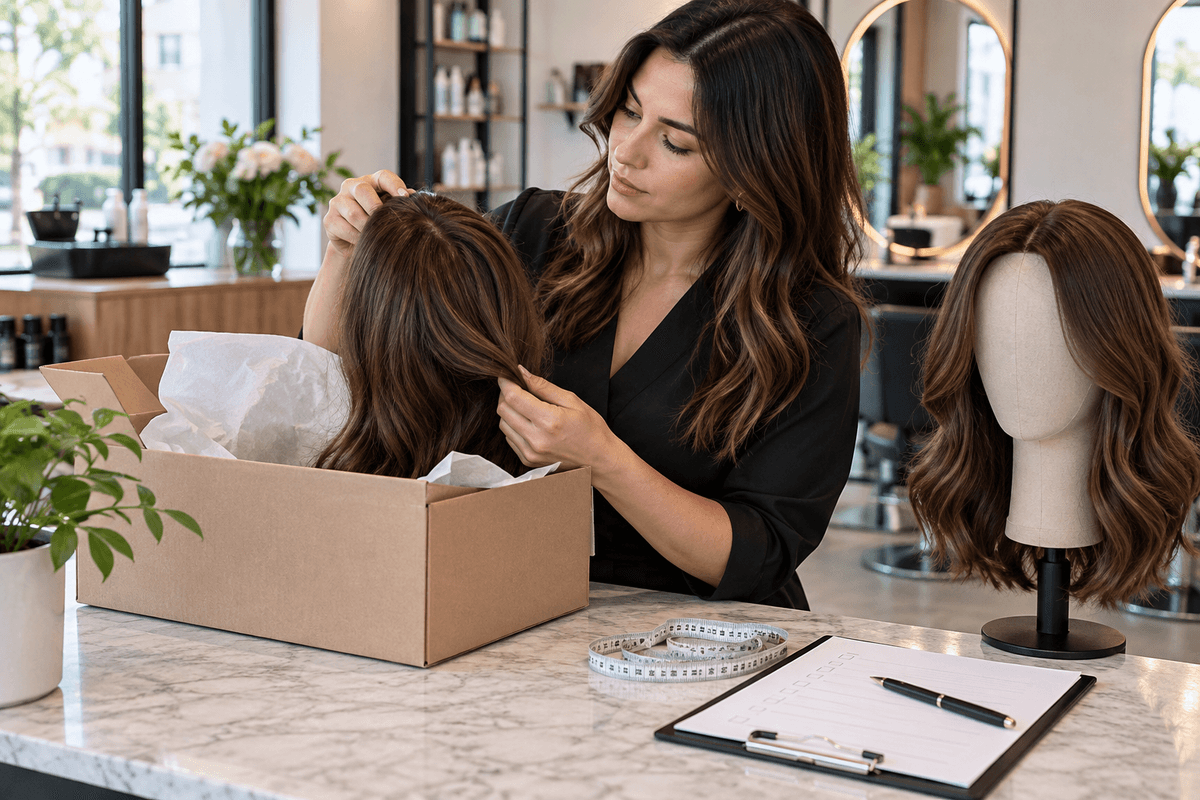 Online hairpiece order being checked against a small set of salon samples.