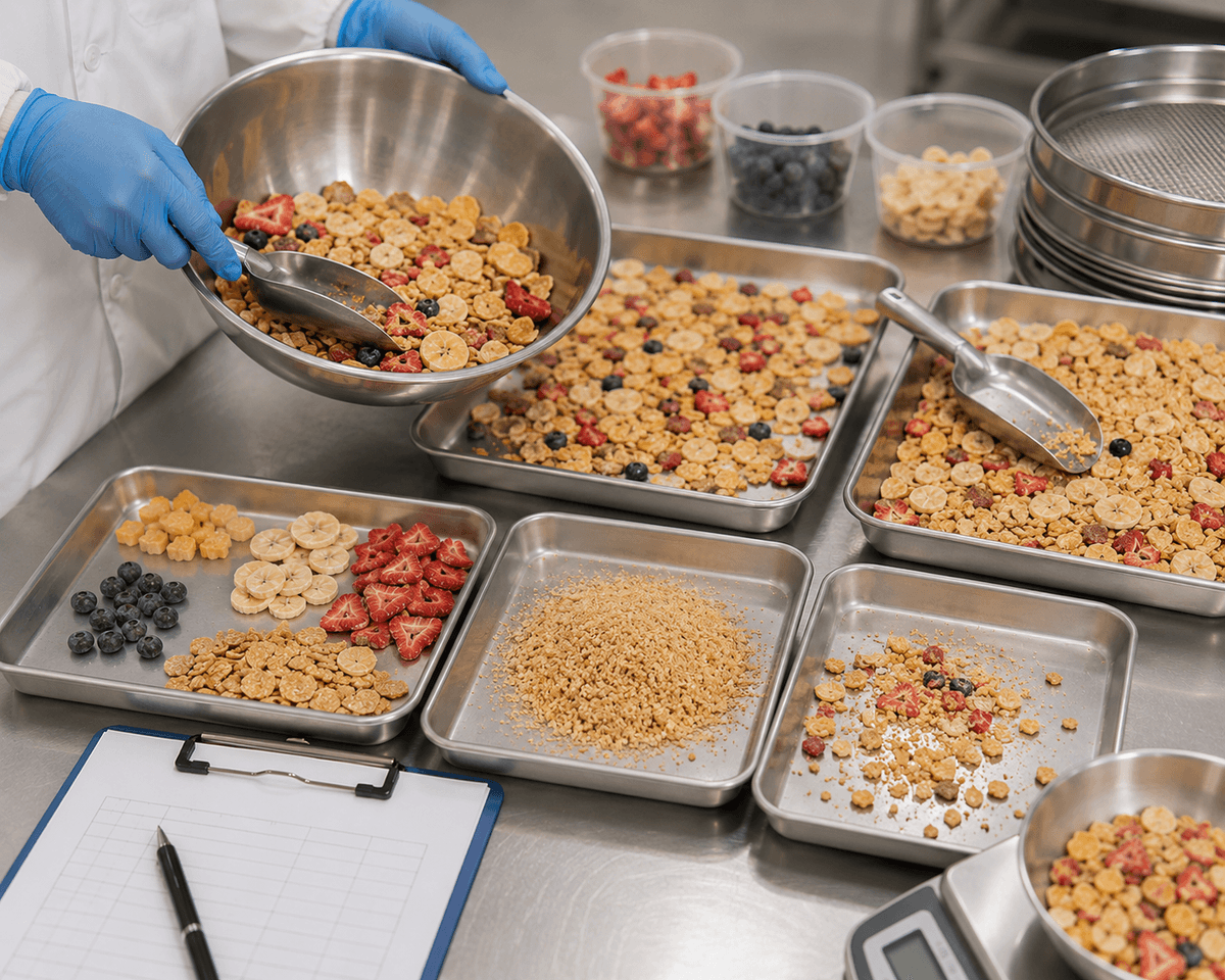 Freeze-dried fruit cereal production blend test