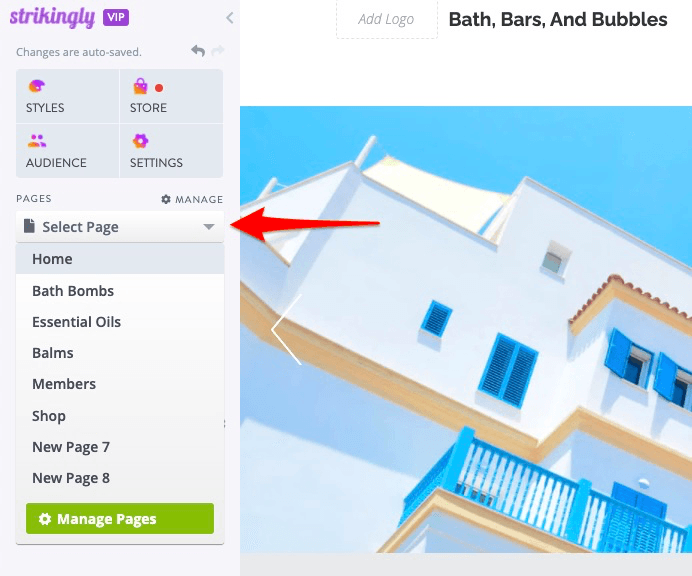  Strikingly multi-page editor showing a clearly organized list of website pages