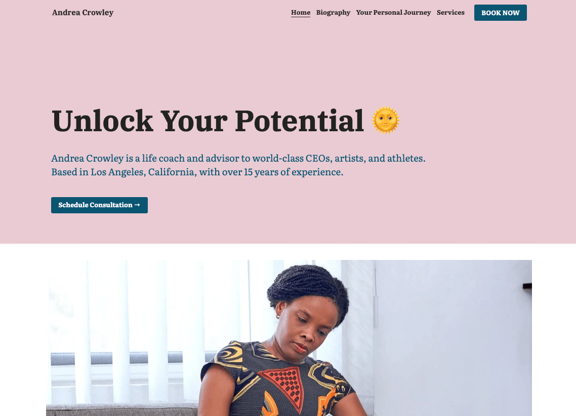 Andrea coaching website combining a clear promise, experience, and consultation action
