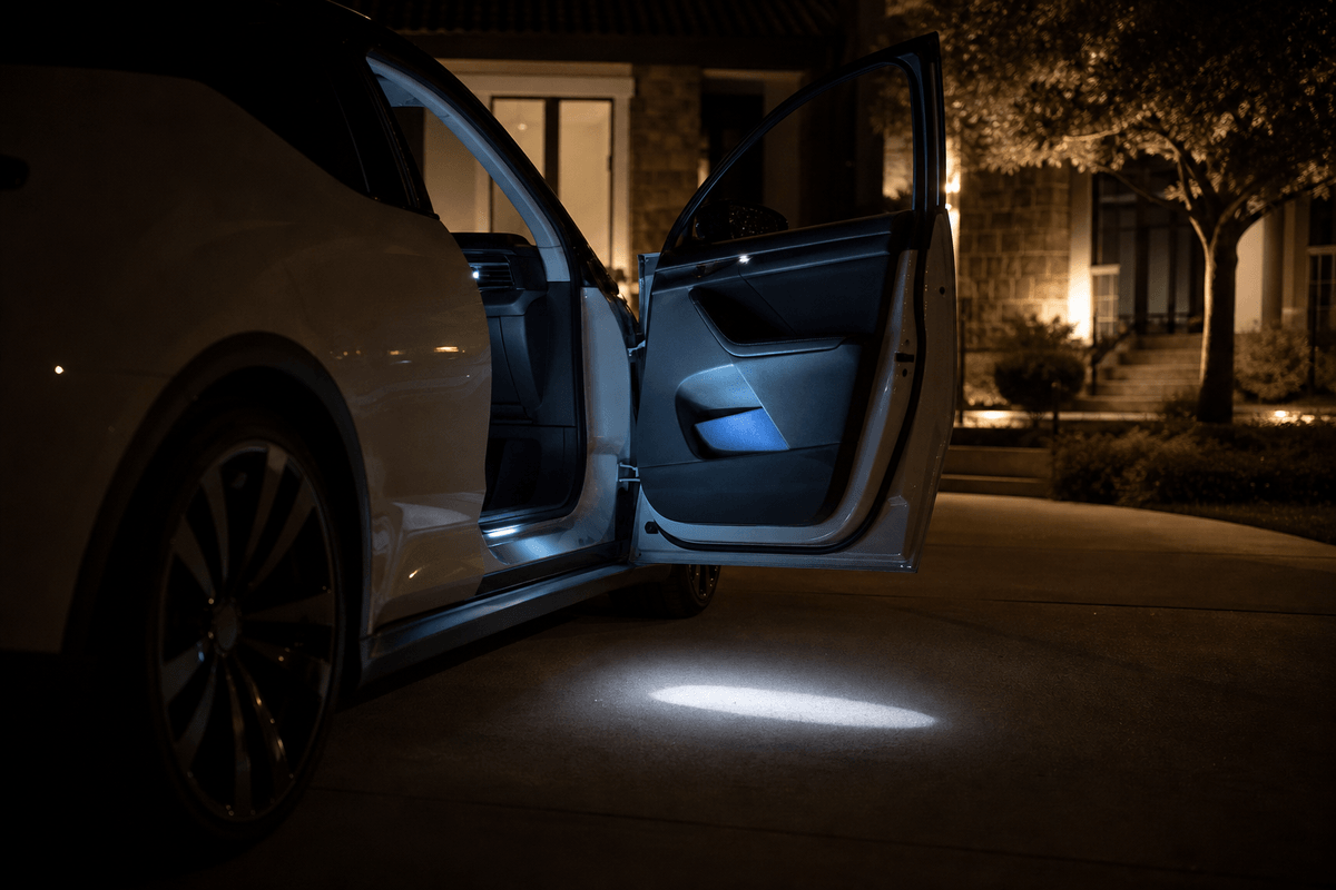 Installed car door projector light tested at night while parked