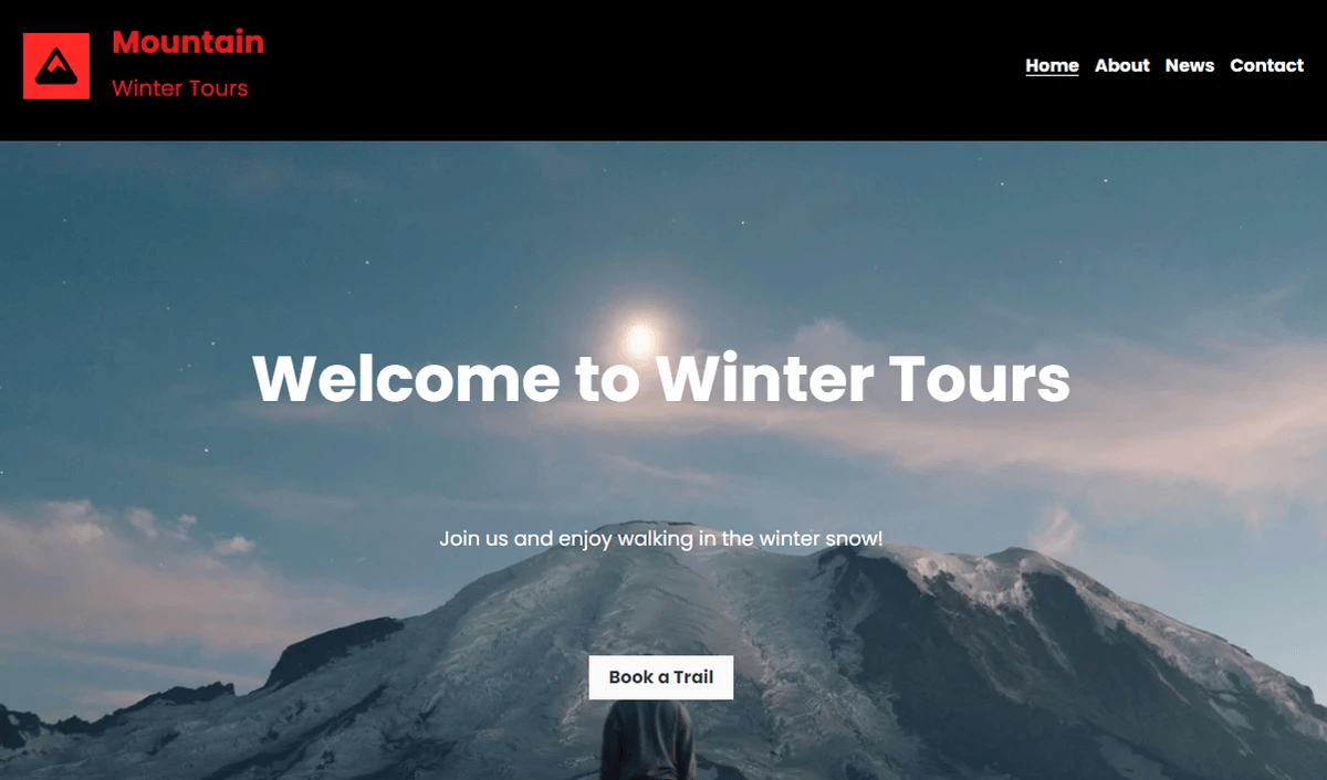 Winter Tours homepage with concise navigation and a Book a Trail interaction point