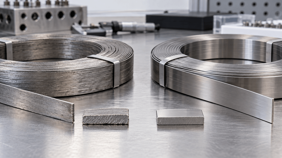 Rolled and drawn nitinol flat wire samples compared side by side