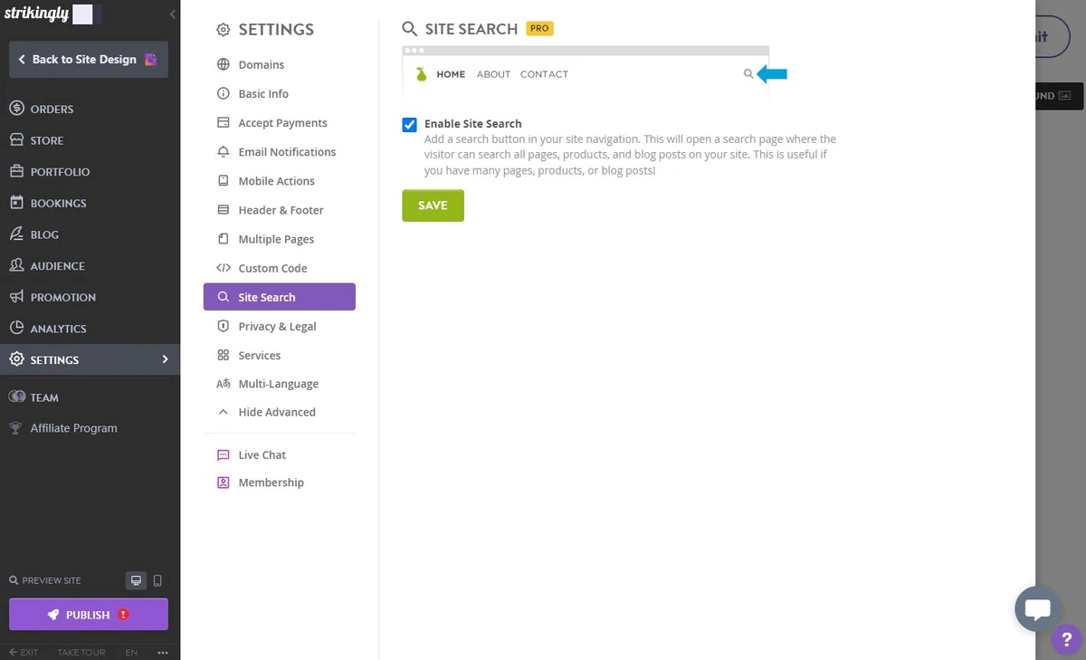  Strikingly editor settings showing the option to enable Site Search