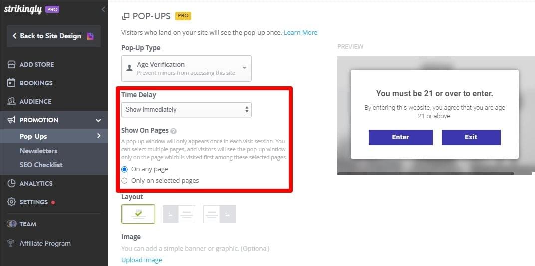 Strikingly pop-up preview used to invite visitors into a marketing campaign