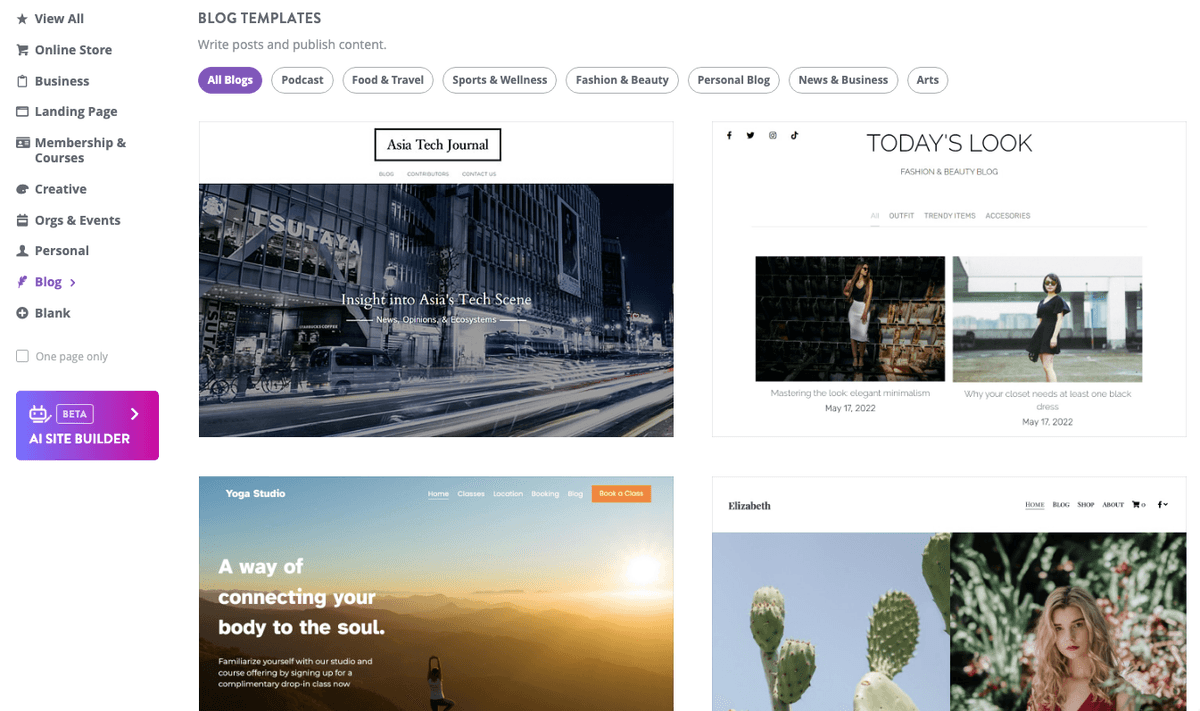 Strikingly blog template library organized by content category