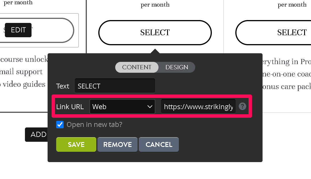 Strikingly button editor showing action text and the destination link field