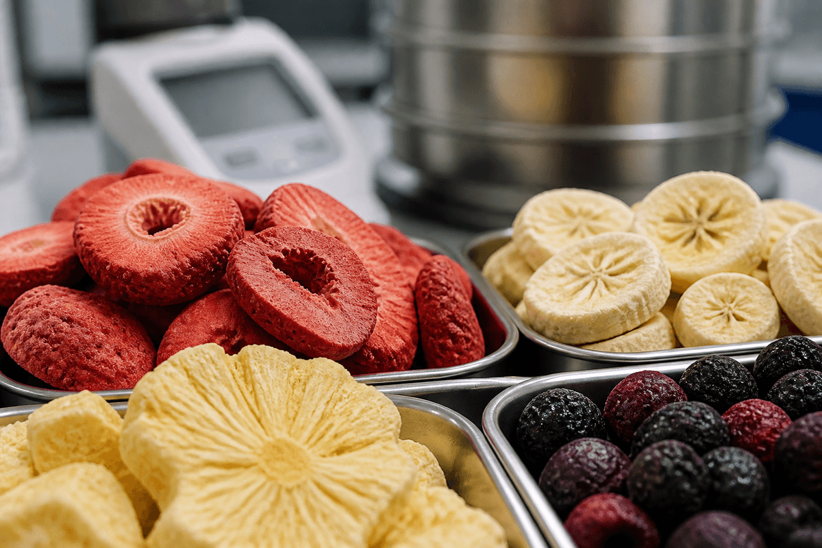 natural fruit powders arranged by pink red purple yellow and orange hues