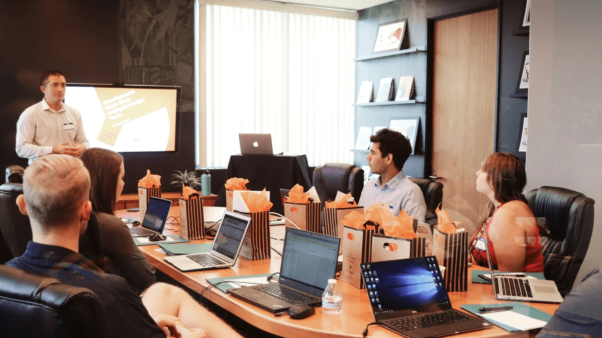Business team reviewing website metrics and growth priorities