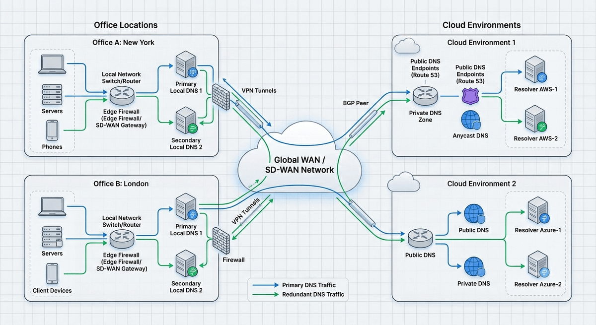 Resilient DNS architecture for multi-site enterprise networks