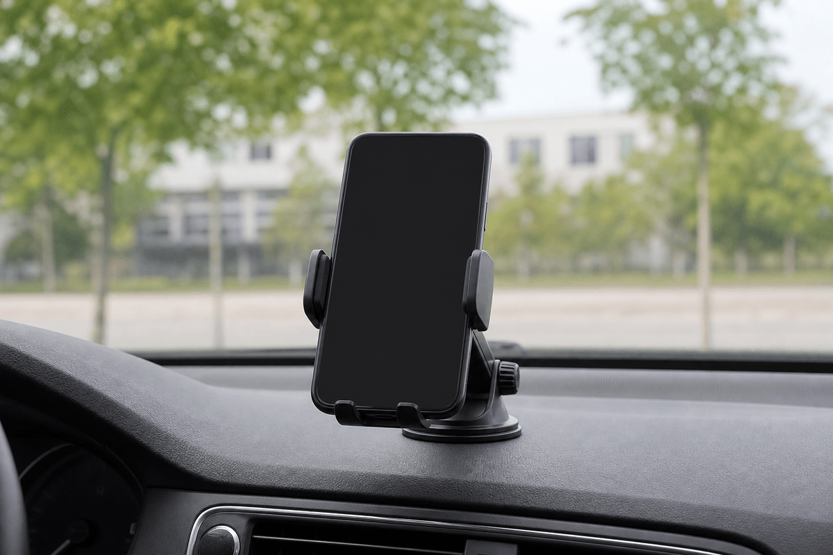 Dashboard mount phone holder on a clean car dashboard