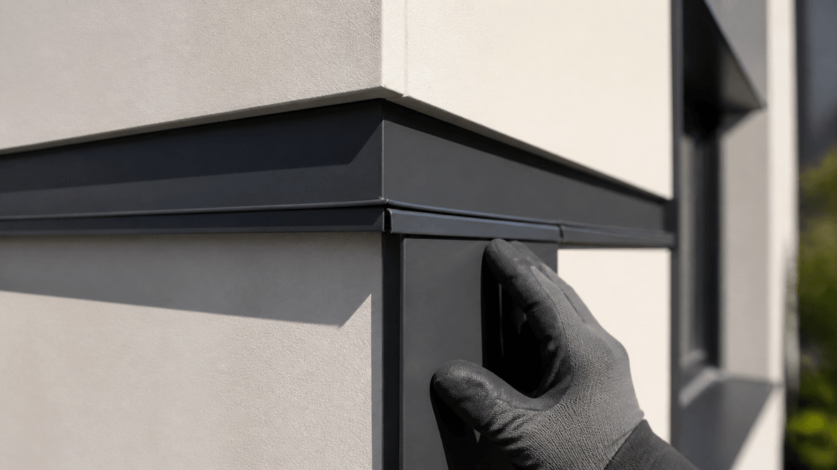 Multi-face facade trim profile checked on wall panels