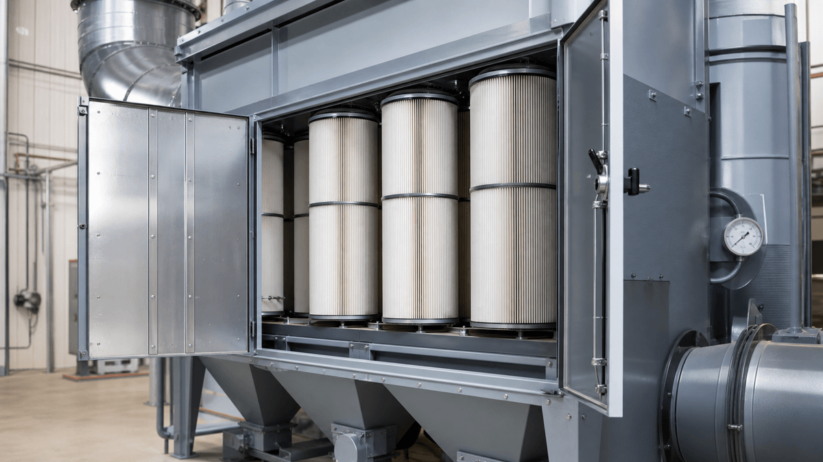 cartridge filter bank inside an industrial dust collector