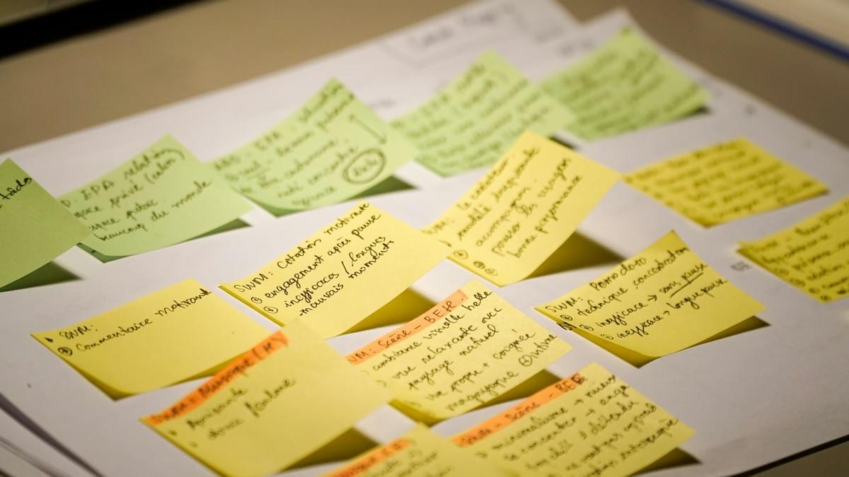 Sticky notes arranged by topic and priority during website content planning