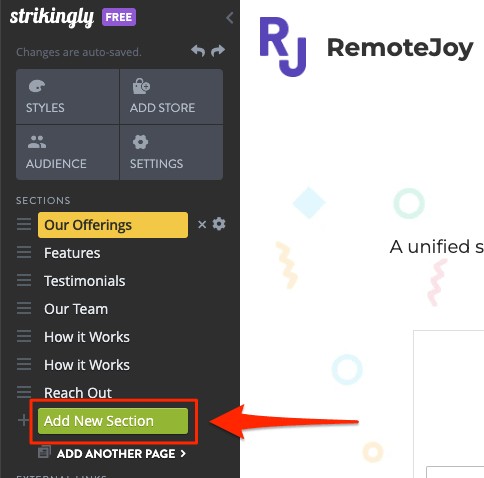 Strikingly editor showing named content sections and the Add New Section control