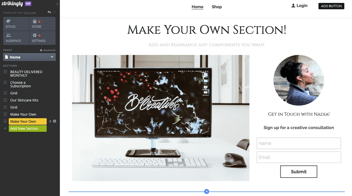 Strikingly Make Your Own section showing images placed within a real page layout