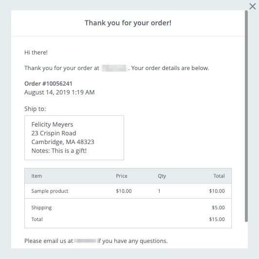 Strikingly Simple Store order confirmation showing purchase and delivery details