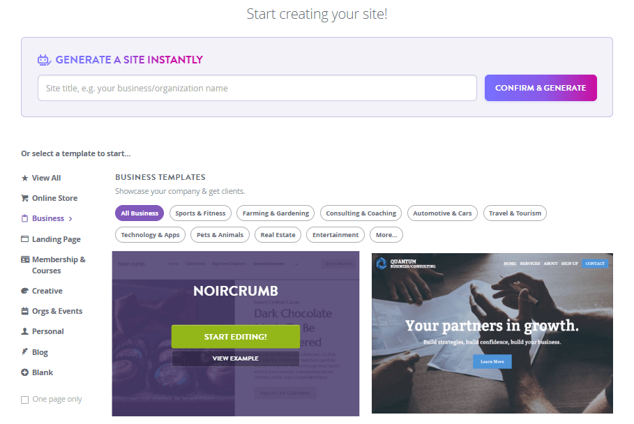 Template selection page for building a professional brand presence
