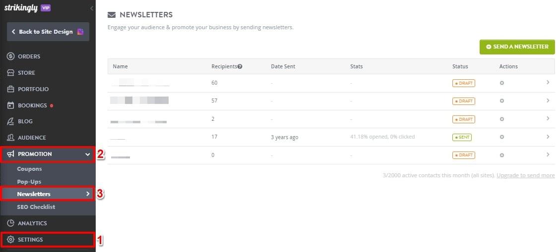 Strikingly editor showing the Promotion and Newsletters area for campaign follow-up