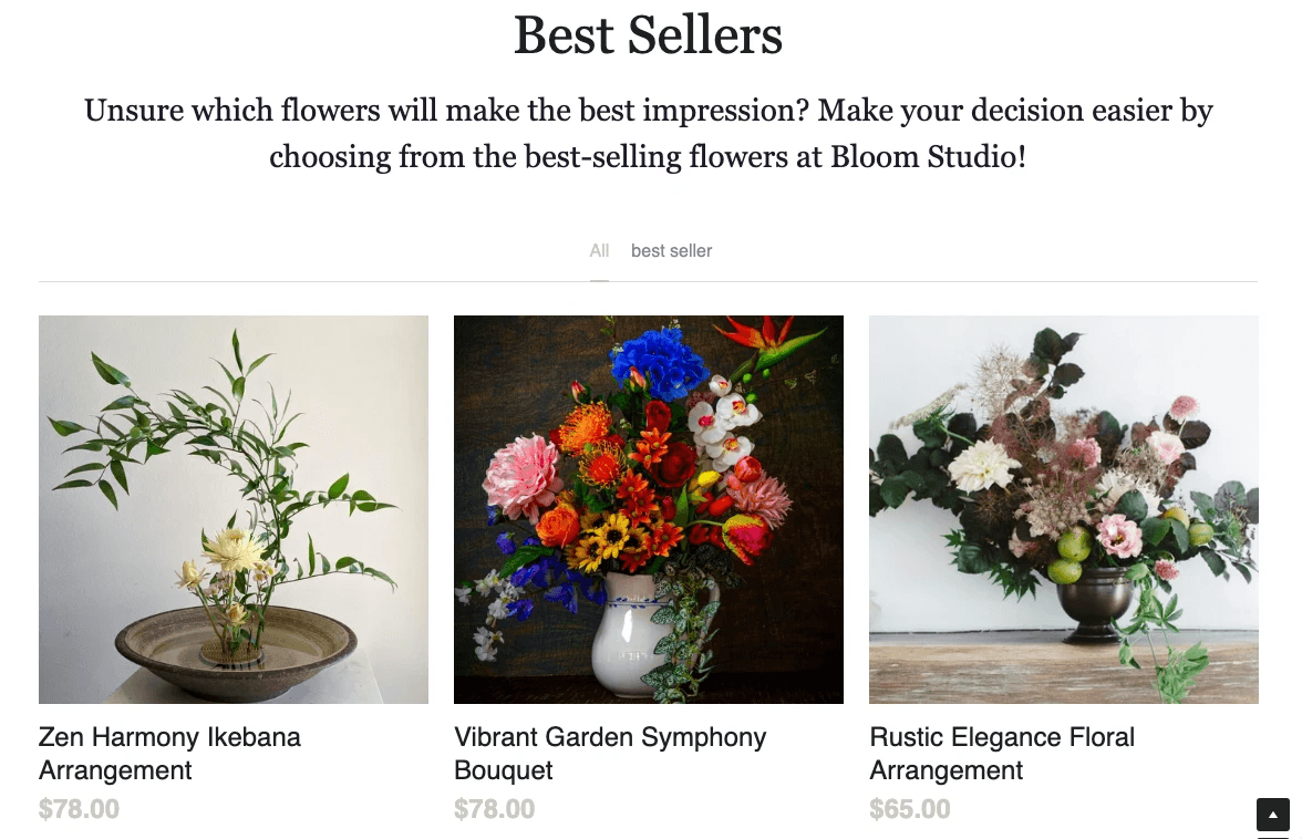 Bloom Studio page grouping best-selling products beneath a clear category heading