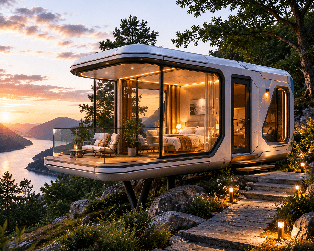 Casa cápsula en venta instalada en paisaje natural