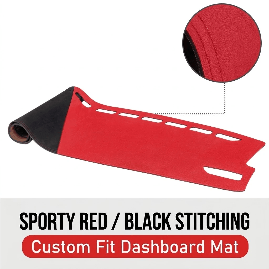 Sporty red custom fit dashboard mat with black stitching