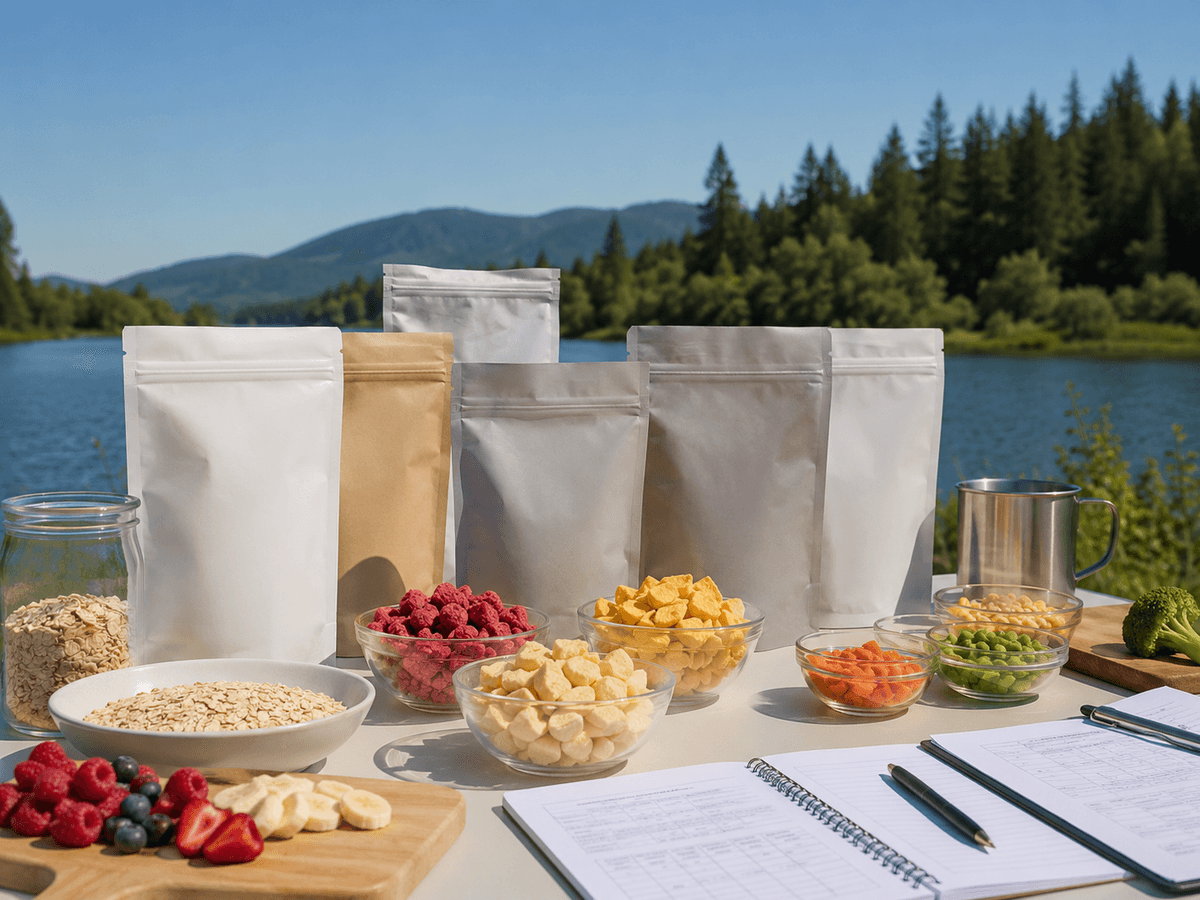 Camping meal pouches with freeze-dried fruit and vegetables