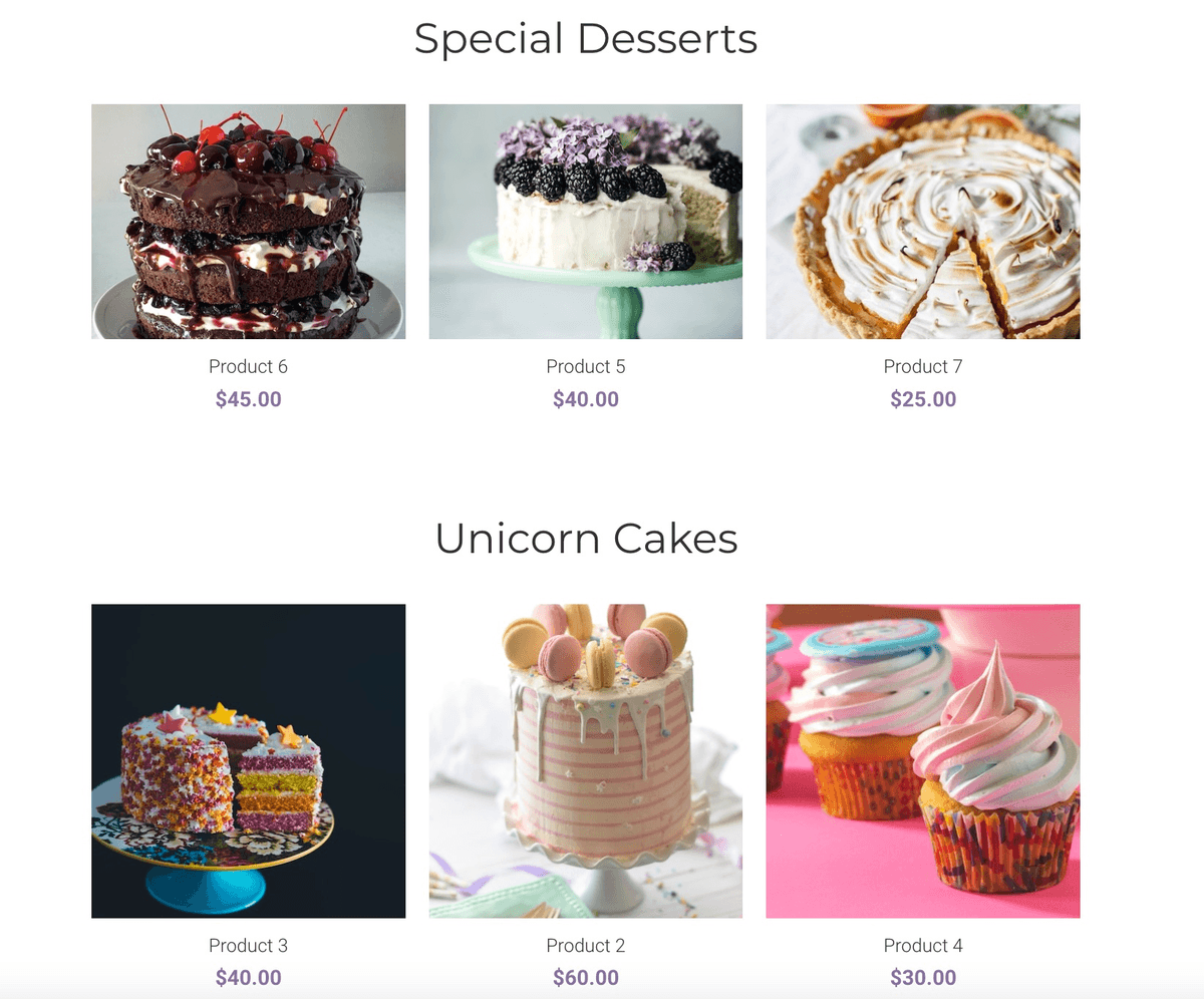 Multiple Strikingly store sections displaying focused dessert product collections