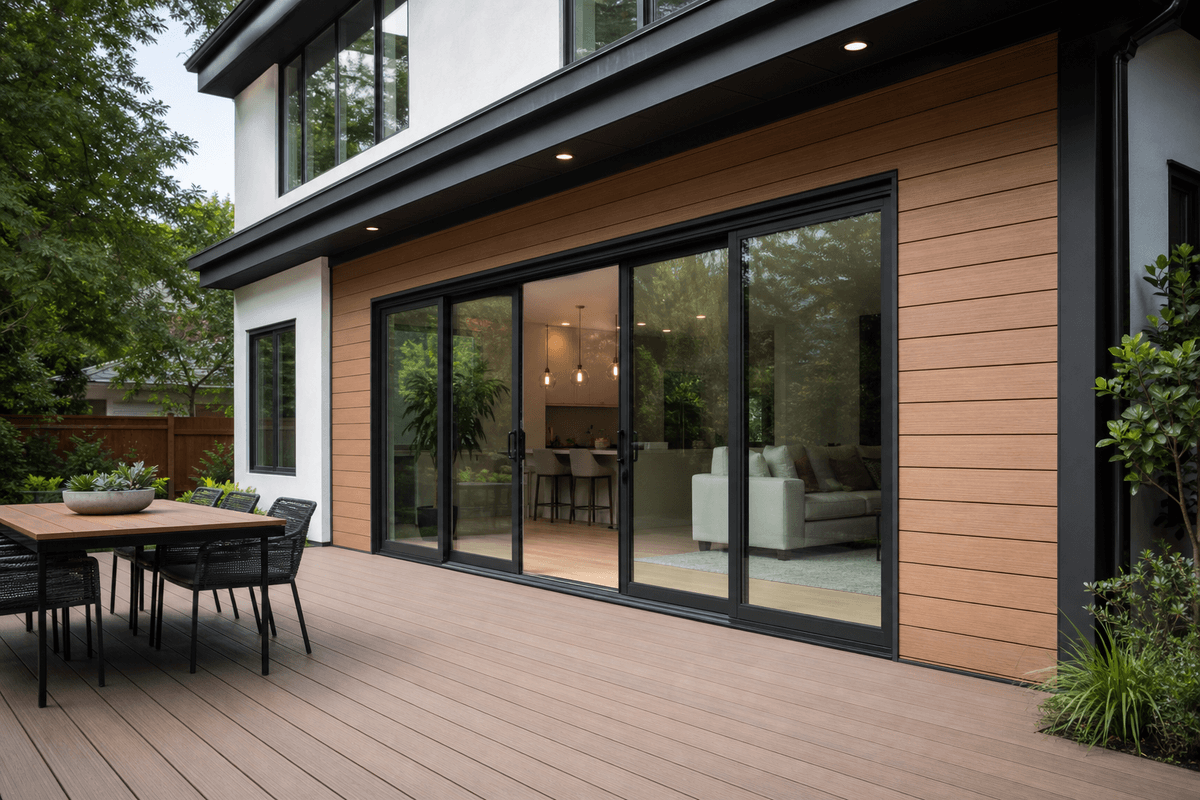 DIY homeowner planning composite decking boards on a deck frame