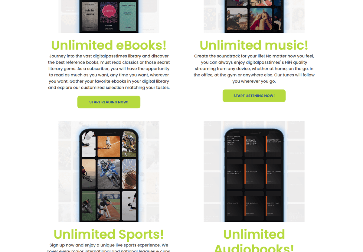  Entertainment category sections describing ebook, music, sports, and audiobook access.