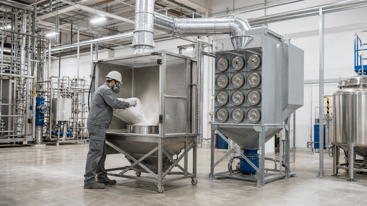 chemical plant dust collector capturing powder at an enclosed bag dump station