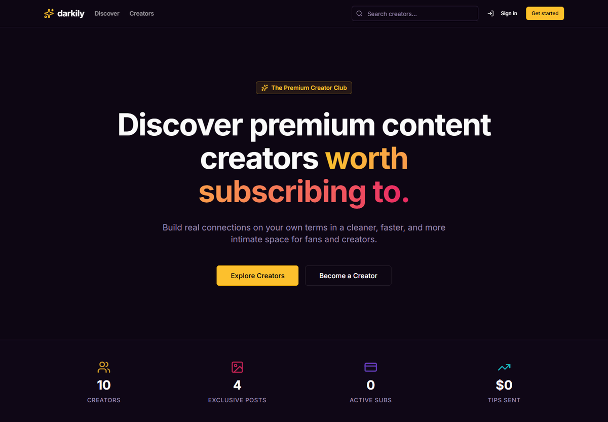 Creator discovery homepage with search, creator and fan calls to action, and activity counters.