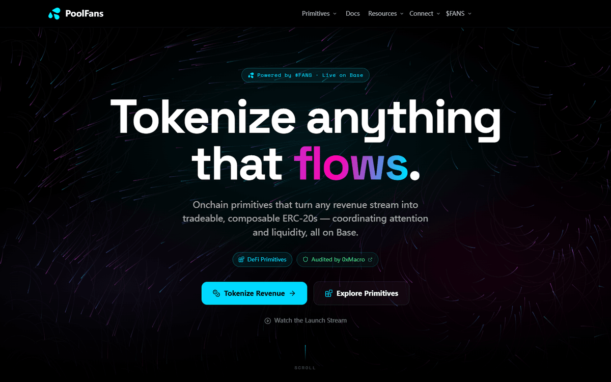 PoolFans homepage introducing onchain revenue primitives with product and documentation actions.