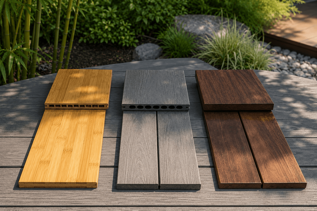 Bamboo decking samples compared with other outdoor decking materials