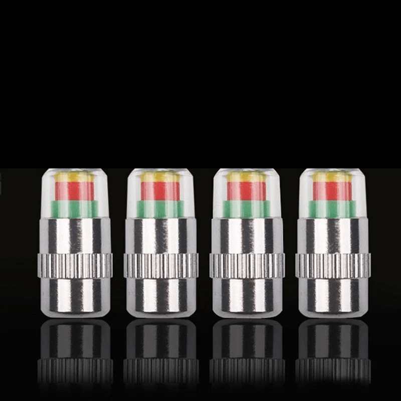 Visual tire pressure monitor valve caps product image for a four-piece set