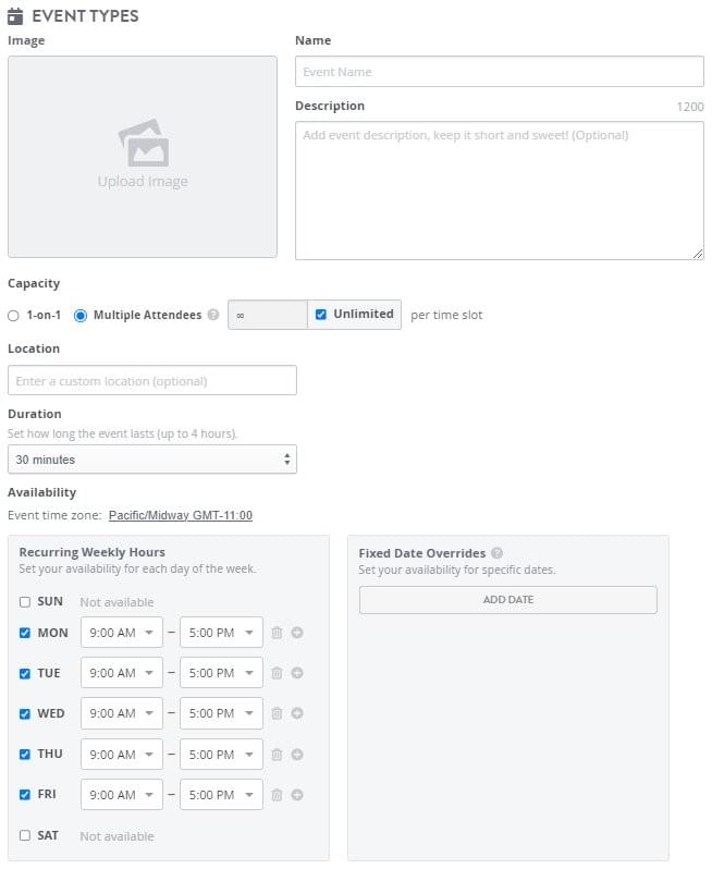 Strikingly event settings for capacity, location, duration, time zone, weekly hours, and date overrides