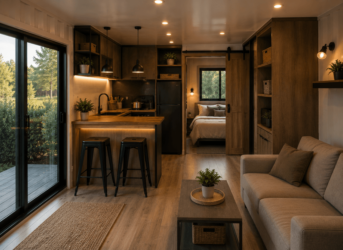 Interior de casa container con cocina compacta