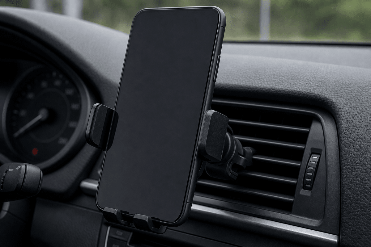 Vent mount phone holder clipped to sturdy car air vent