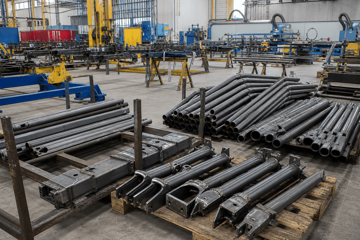 Agricultural equipment tube parts organized in batches before welding and assembly